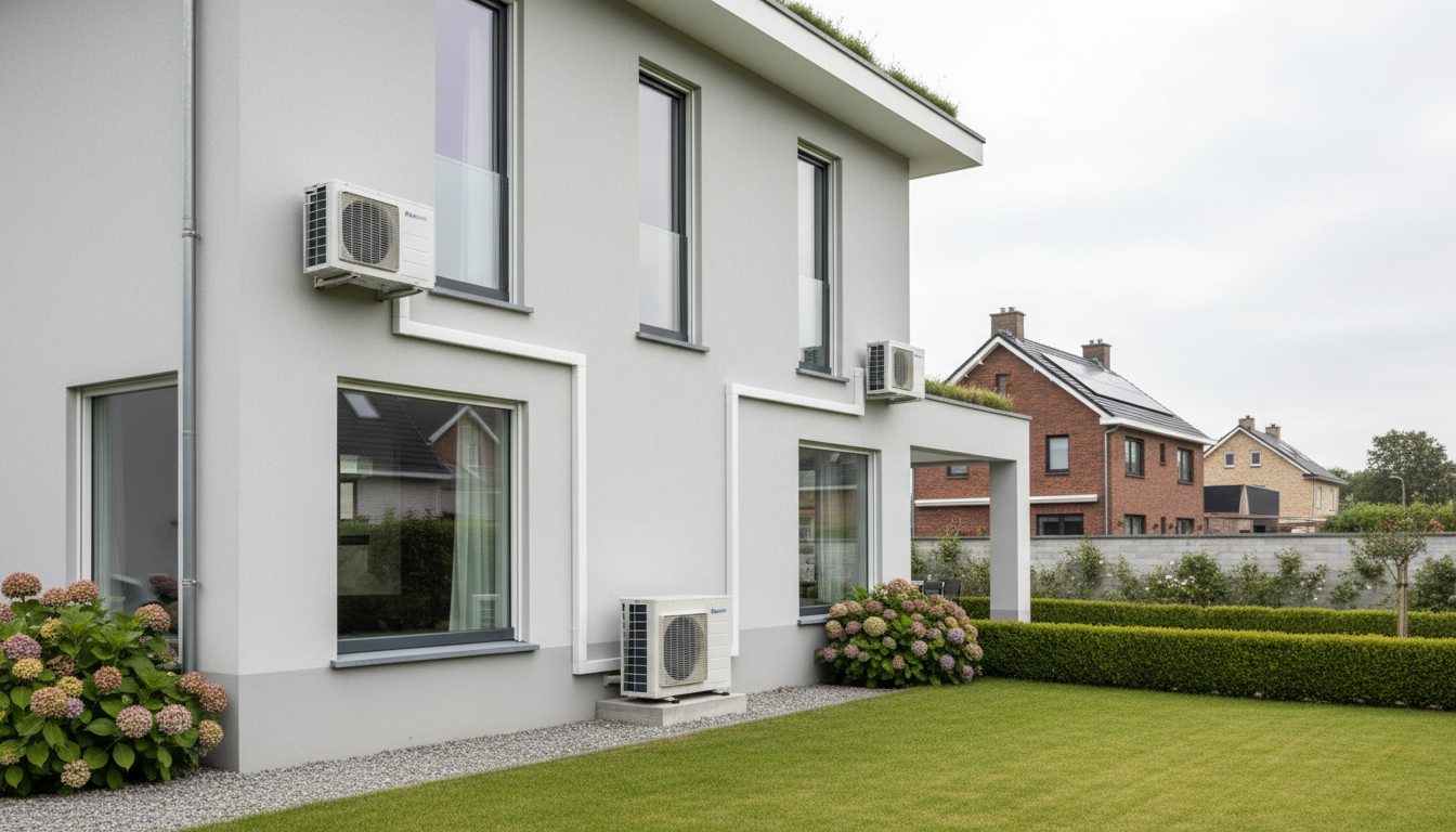 Airconditioning installatie bij bakstenen woning in Vlaanderen